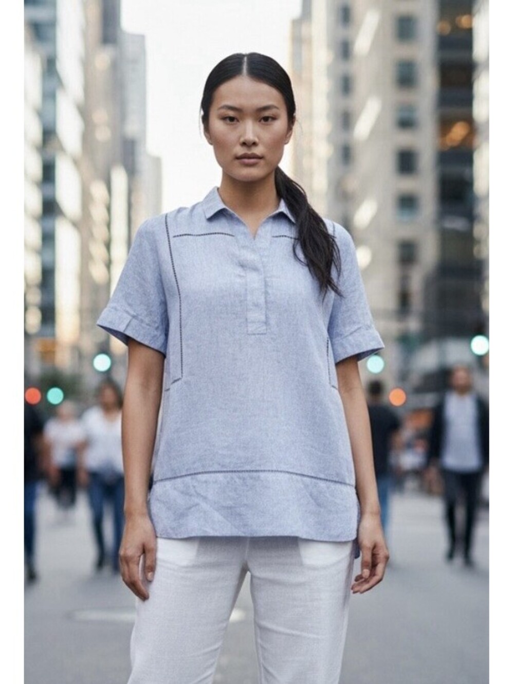 LAFAYETTE 148 NEW YORK Women’s Organic Linen Hemstitch Popover In Blue-Small